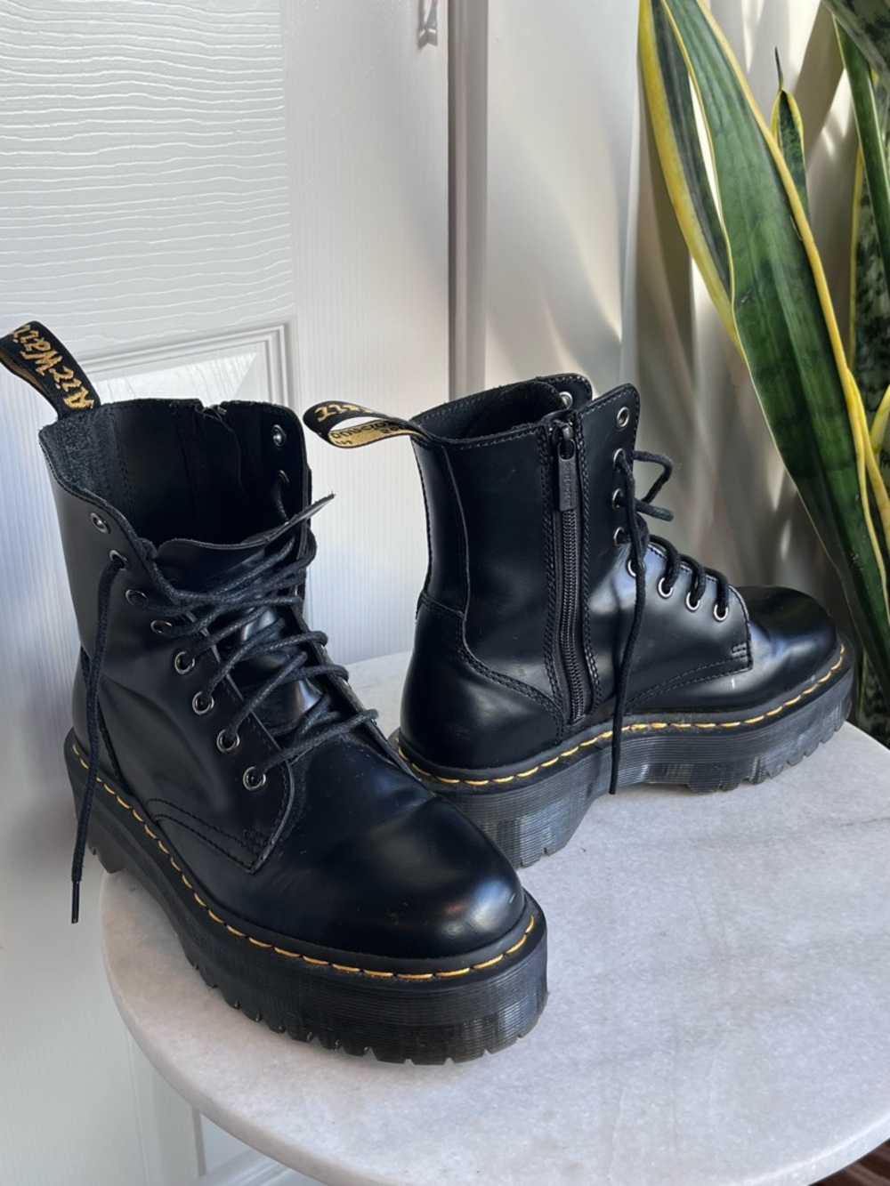 Dr. Martens Jadon Black Leather Platform Combat Boots with Yellow Welt Stitching